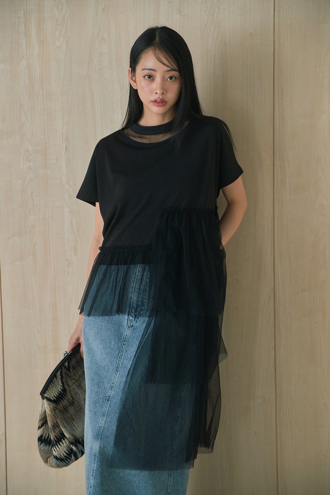 [SET]アシンメトリーチュールフリルTシャツ+デニムロングフレアスカート(2set)