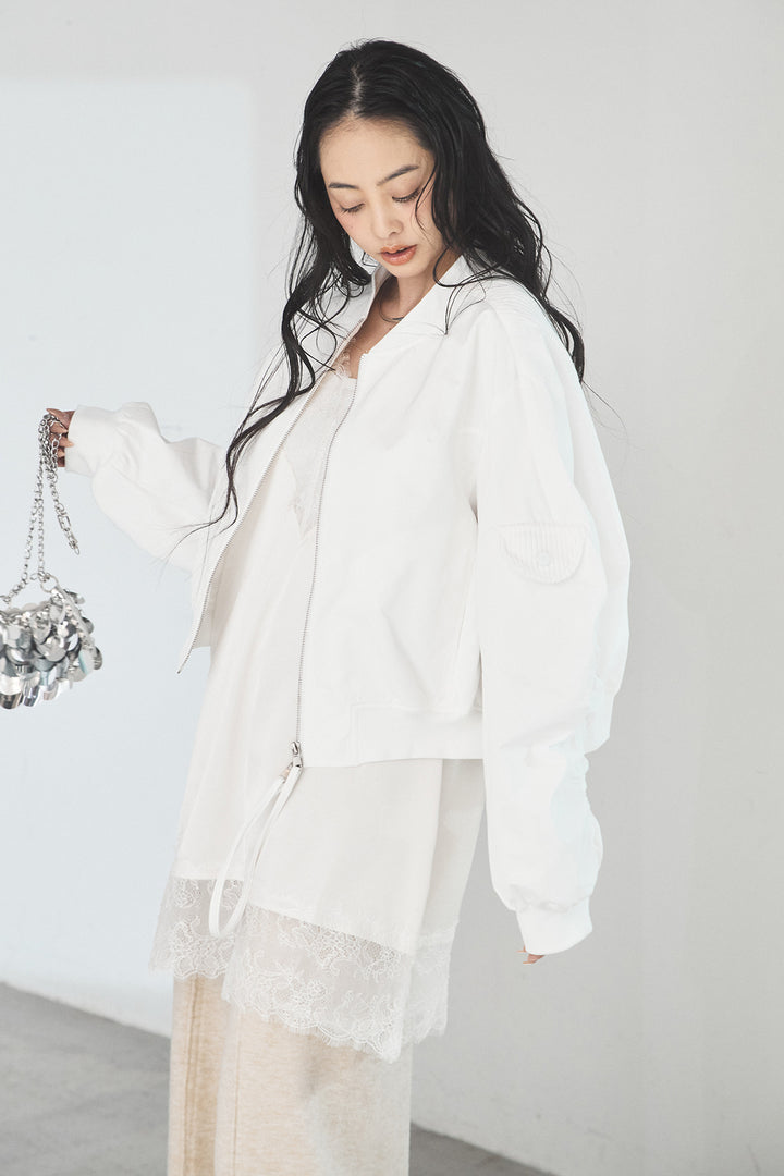 [SET]袖ギャザーデザインブルゾン+センターラインニットパンツ(2set)