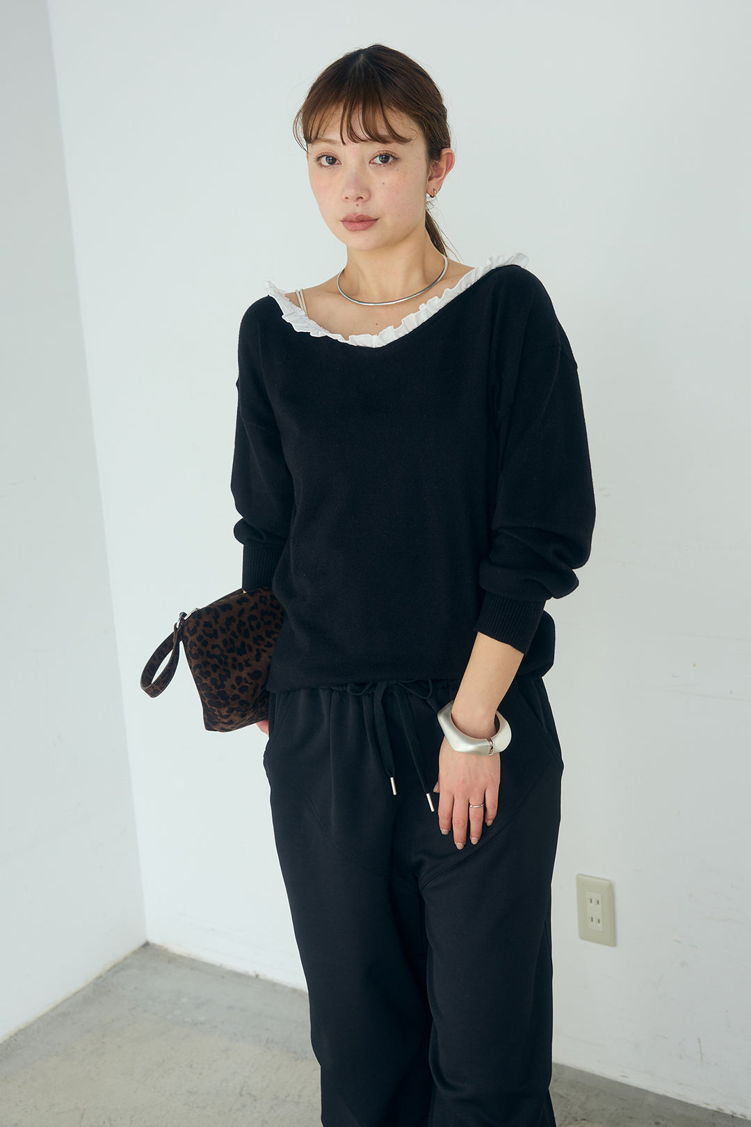 [SET]クールクール異素材コンビオフショルプルオーバー+ランダムタックデザインワイドパンツ(2set)