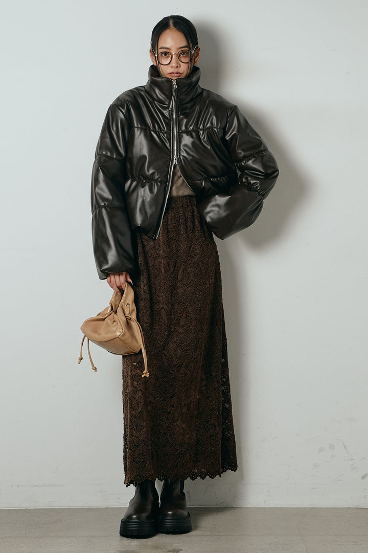 [SET]レザーライクWジップスタンドカラー中綿ブルゾン+総レース刺繍スカート(2set)