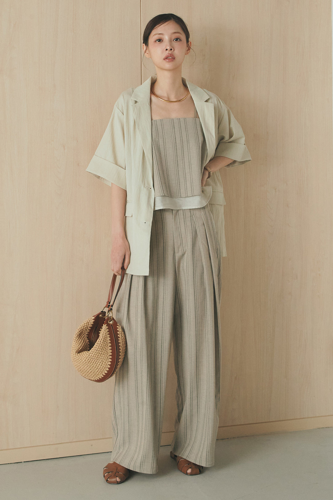 [SET]リネンストライプレイヤードキャミ+リネンストライプタックワイドパンツ(2set)