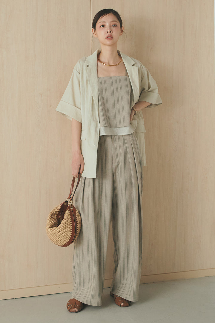 [SET]リネンストライプレイヤードキャミ+リネンストライプタックワイドパンツ(2set)
