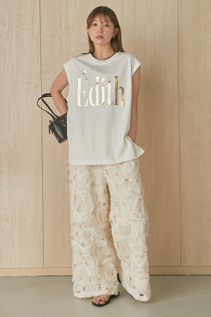 [SET]箔ロゴプリントノースリーブTシャツ+立体レースストレートパンツ(2set)