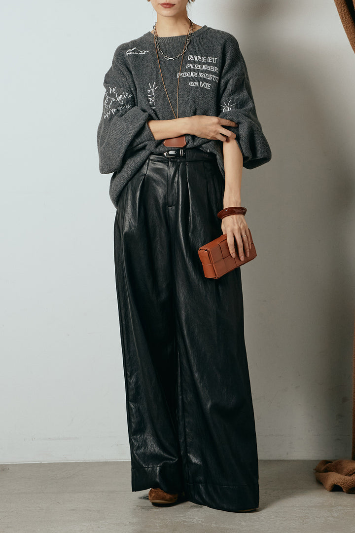 [SET]刺繍ロゴランダムデザインニットトップス+ベルト付きレザーライクタックパンツ(2set)