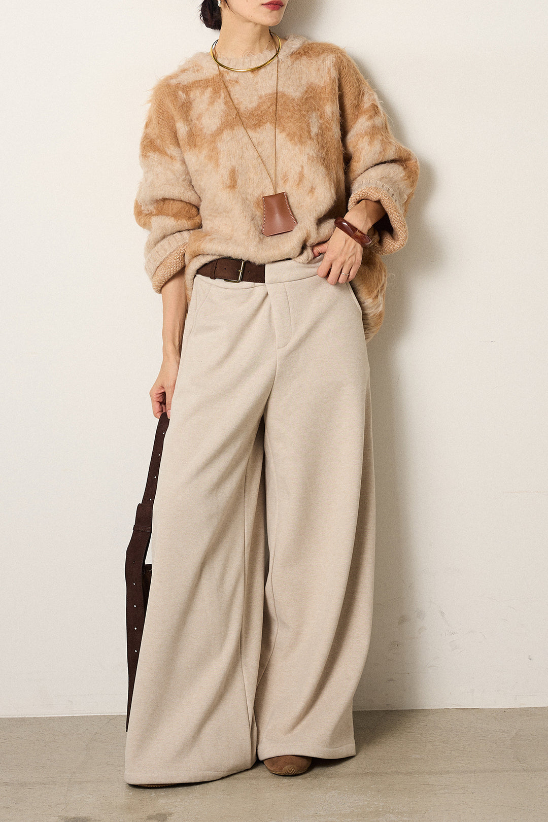 [SET]モヘアタッチマーブルニット+サイドベルトパンツ(2set)