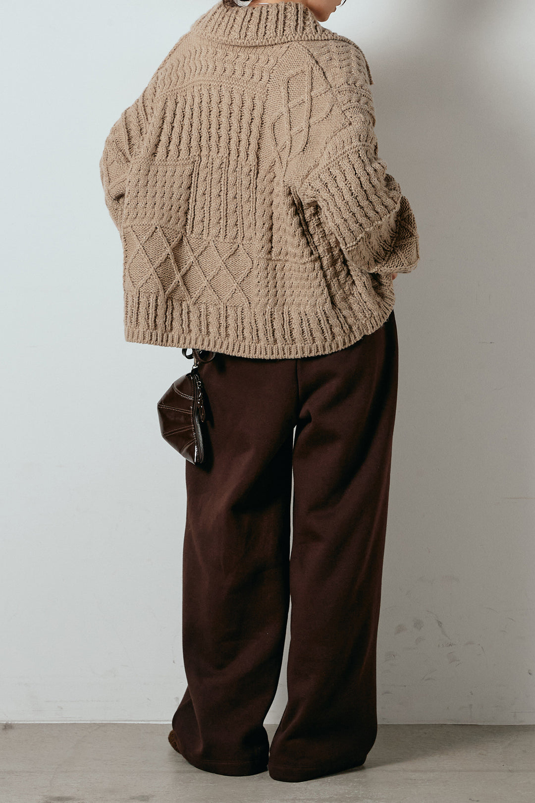 [SET]ビッグカラーケーブル編みニットトップス+裏起毛スウェットワイドパンツ(2set)