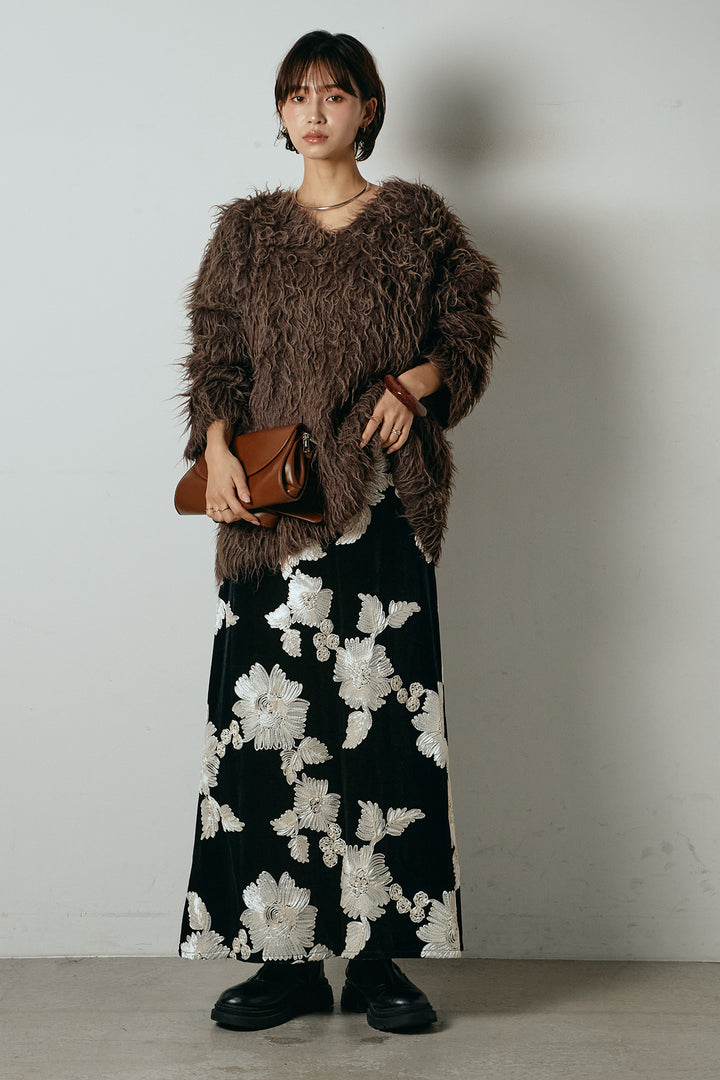 [SET]深Vネックシャギーニットトップス+フラワー刺繍ワイドスカート(2set)