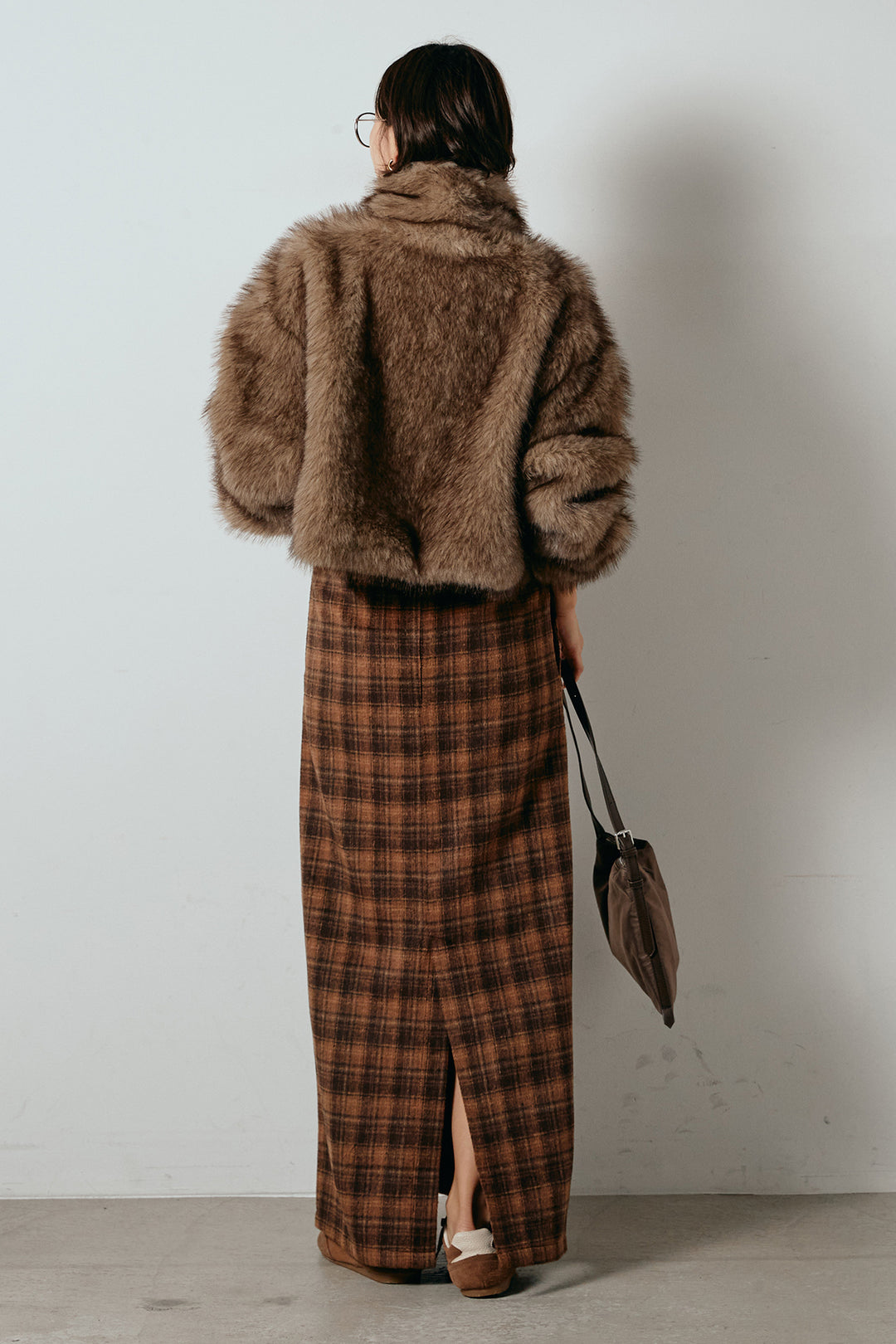 [SET]エコファーショート丈ブルゾン+シャギーチェックストレートスカート(2set)