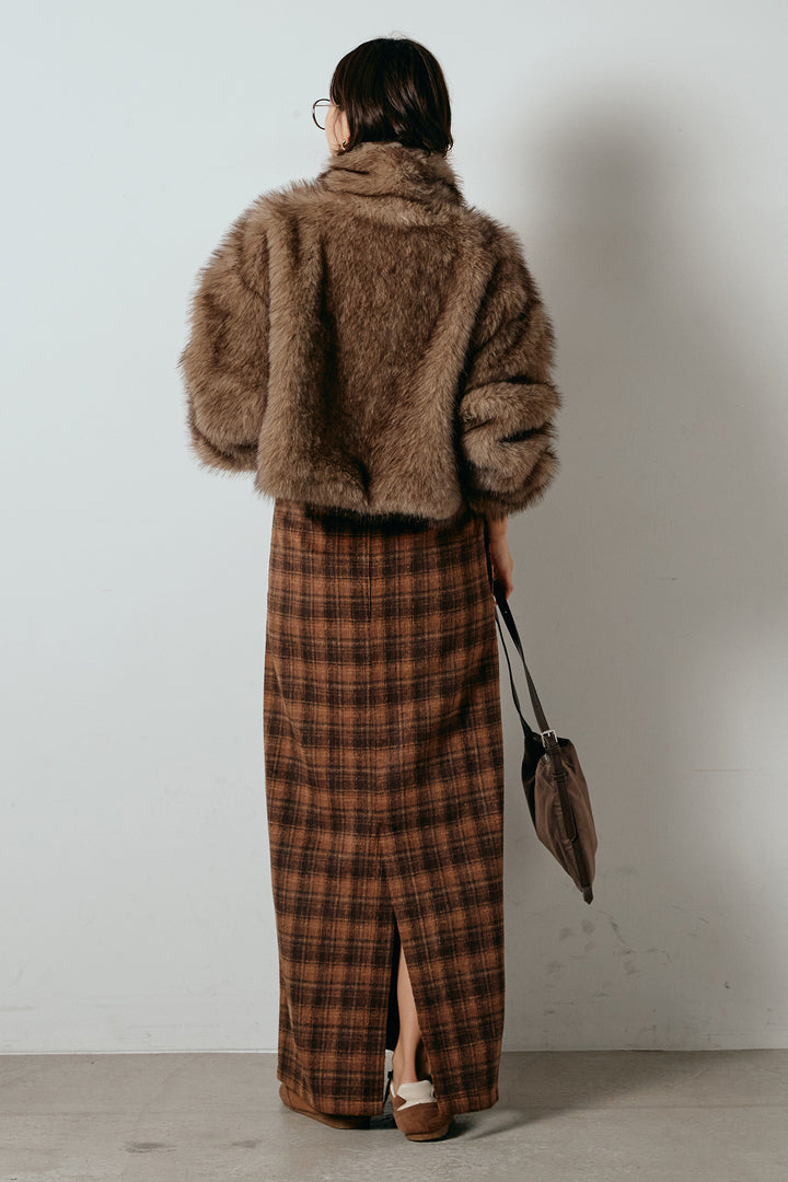 [SET]エコファーショート丈ブルゾン+シャギーチェックストレートスカート(2set)