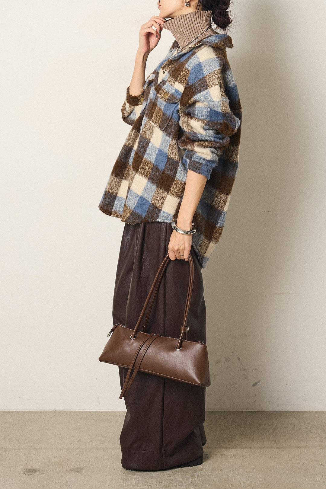 [SET]起毛チェック柄ポケットアウター+ベルト付きレザーライクタックパンツ+リブニットシームレスタートルプルオーバー(3set)