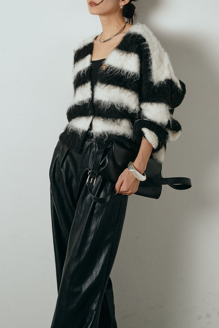 [SET]シャギーボーダー柄ニットカーディガン+ベルト付きレザーライクタックパンツ(2set)