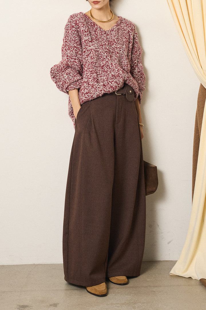 [SET]Vネックミックス編みニットトップス+ポーチベルト付きカーブパンツ(2set)