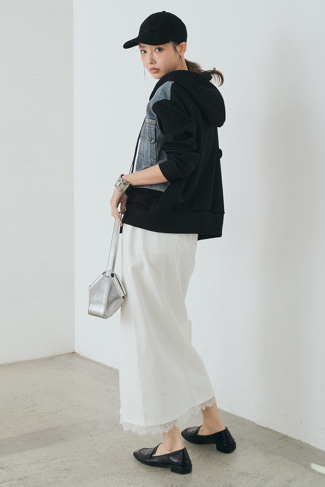 [SET]デニム切替ポンチダブルジップパーカー+裾レースデザインデニムスカート(2set)