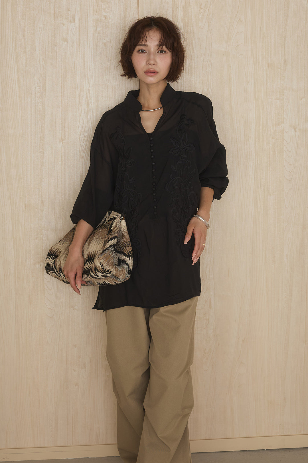 [SET]フロントボタンニュアンス柄ブラウス+ニーサイドタックウエストドロストパンツ(2set)