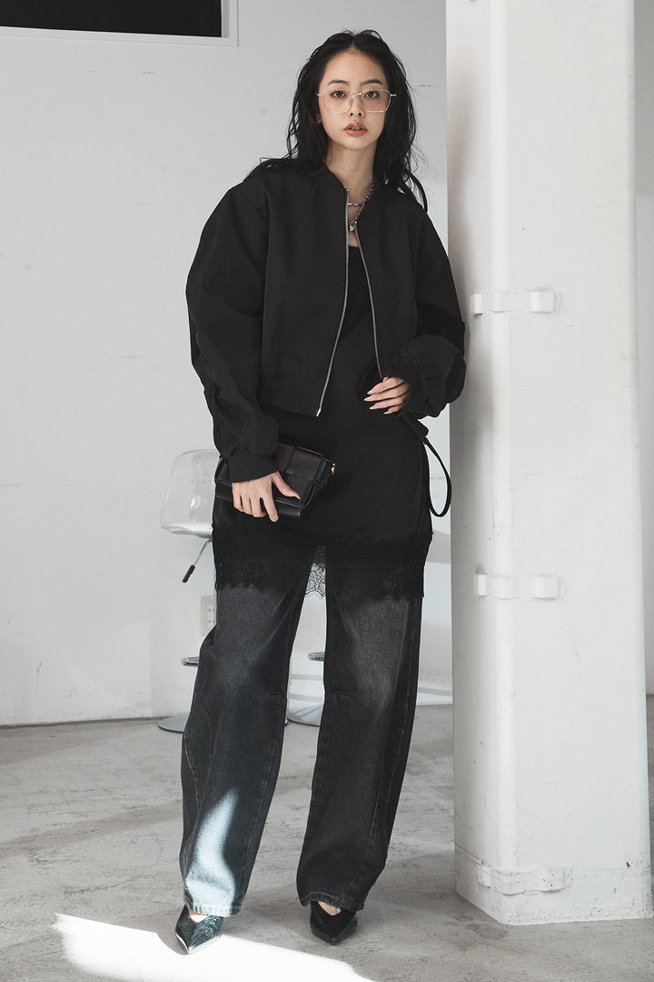 [SET]袖ギャザーデザインブルゾン+デニムアシメカーブパンツ(2set)