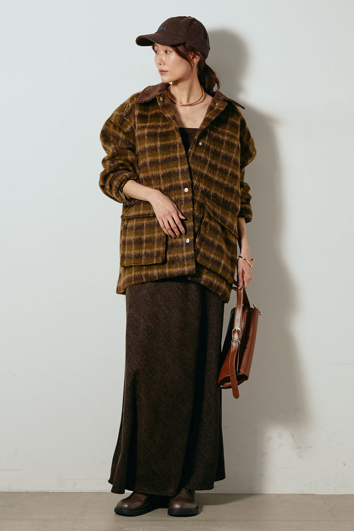 [SET]チェックシャギーミドルカバーオール+スウェードライクロングスカート(2set)