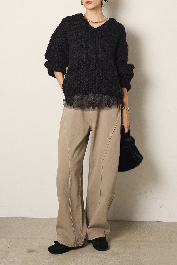 [SET]Vネックハンド編みニットトップス+ベルト付きカジュアルカーブワイドパンツ+レース切り替えキャミソール(3set)