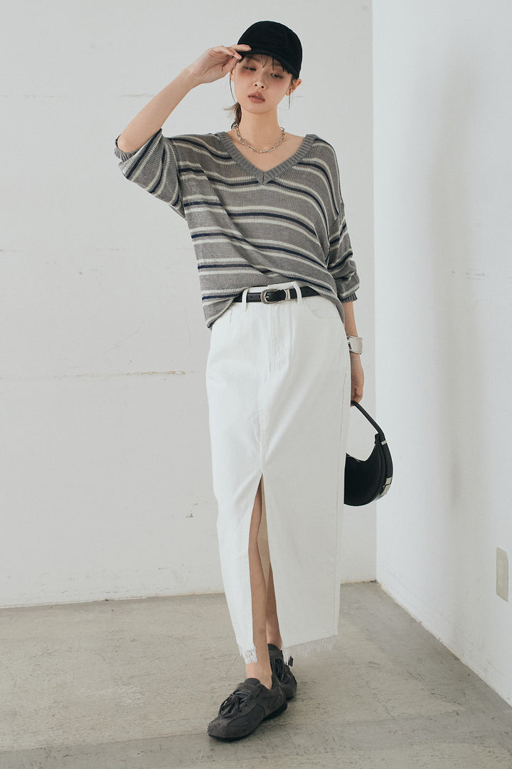 [SET]綿タッチVネックボーダートップス+裾レースデザインデニムスカート(2set)