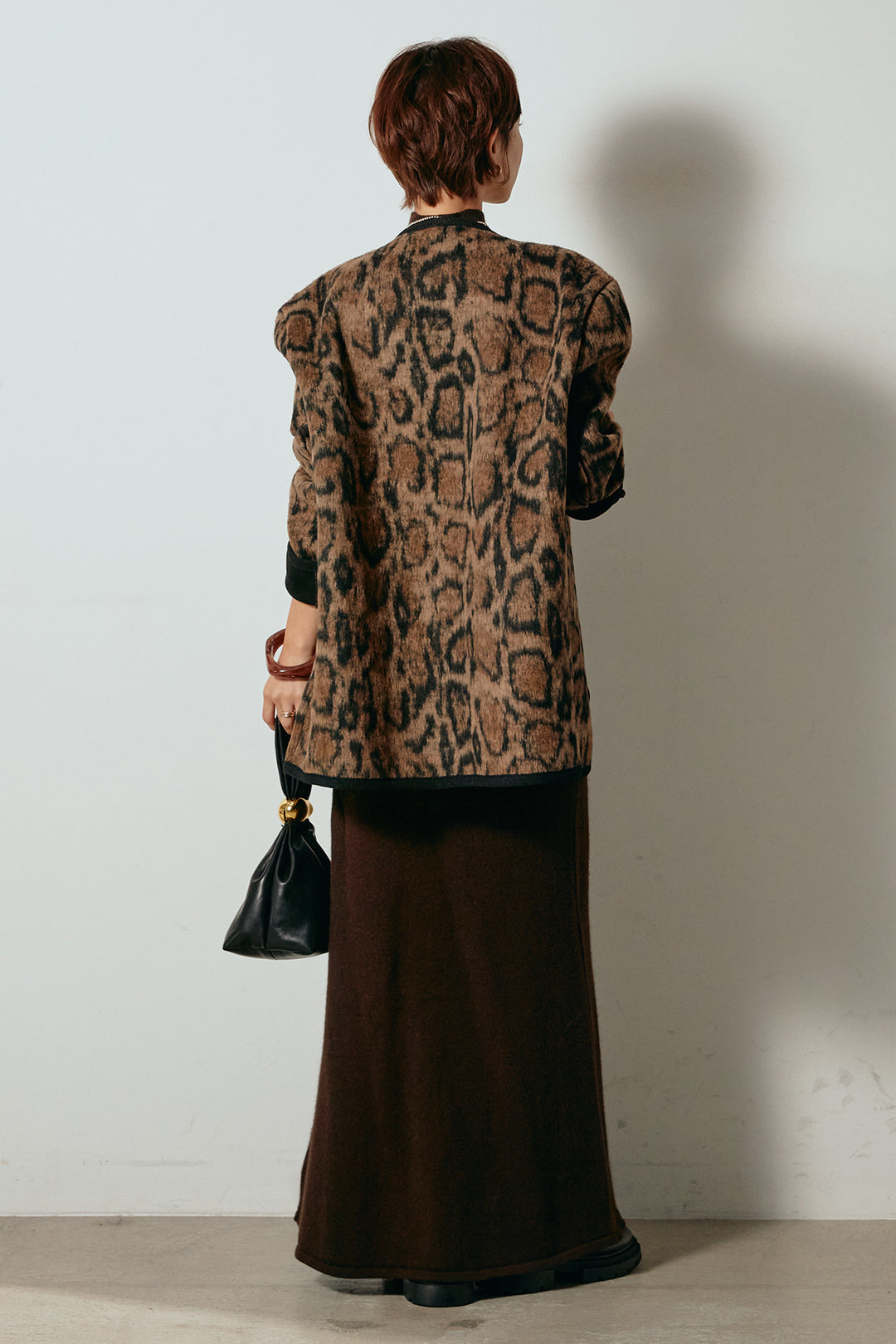 [SET]ノーカラーレオパード柄アウター+ノースリーブニットロングワンピース(2set)