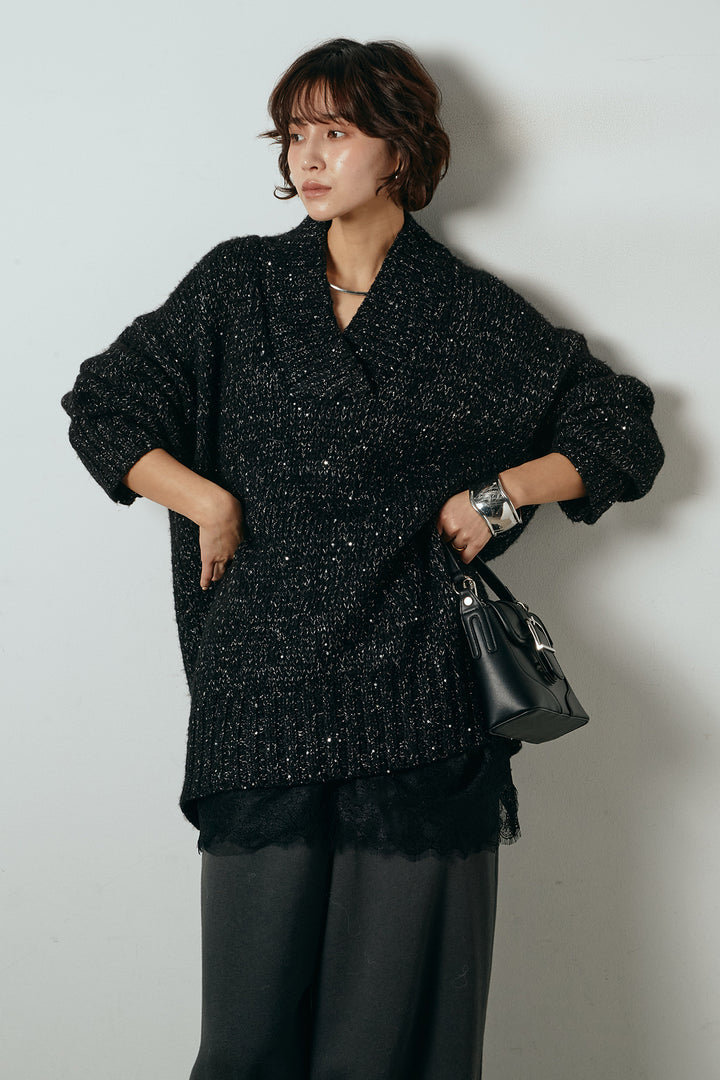 [SET]Vネックラメニットトップス+裏起毛スウェットワイドパンツ+レース切り替えキャミソール(3set)