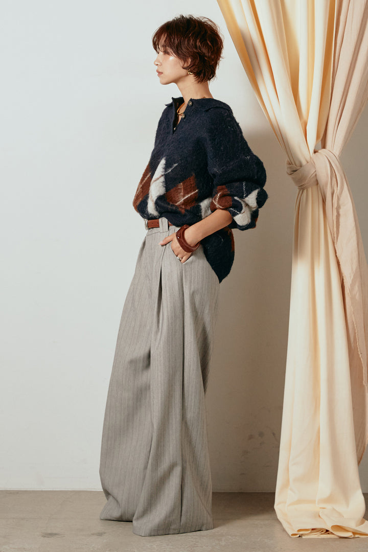 [SET]アーガイル柄ポロニットトップス+ストライプヘリンボーンパンツ(2set)