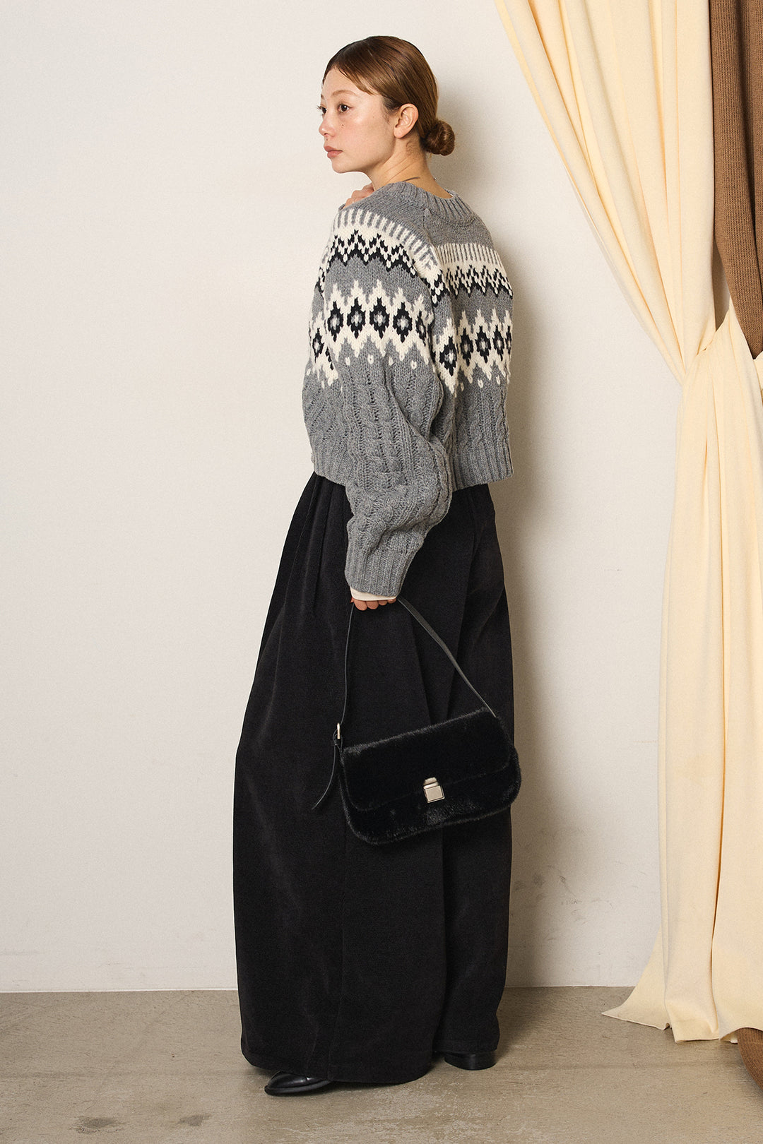 [SET]2WAY求心柄ジャガードショートカーディガン+ベルトループコーデュロイワイドパンツ+2WAY袖コード刺繍クルーネックプルオーバー(3set)