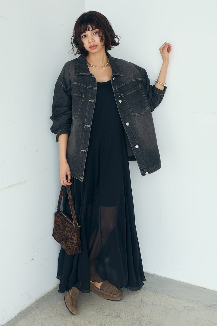 [SET]デニムオーバーサイズジャケット+シアーフリルキャミワンピース(2set)
