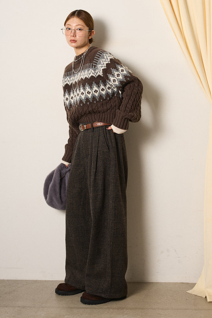 [SET]2WAY求心柄ジャガードショートカーディガン+起毛タック入りツイードワイドパンツ+2WAY袖コード刺繍クルーネックプルオーバー(3set)