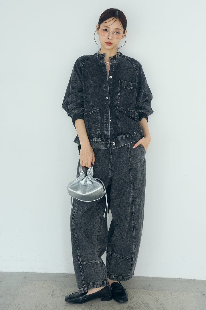 [SET]カラーデニムケミカル加工ノーカラーブルゾン+カラーデニムケミカル加工コクーンパンツ(2set)