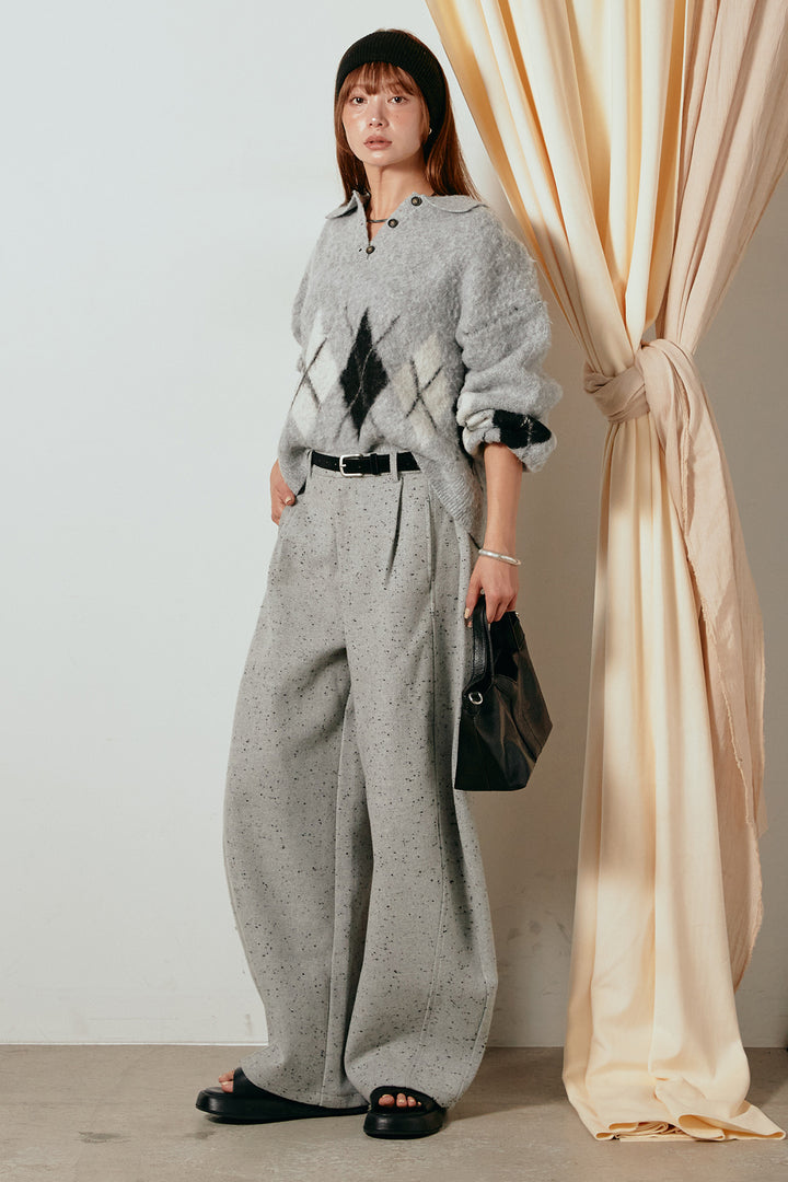 [SET]アーガイル柄ポロニットトップス+ベルト付きネップツイードカーブパンツ(2set)
