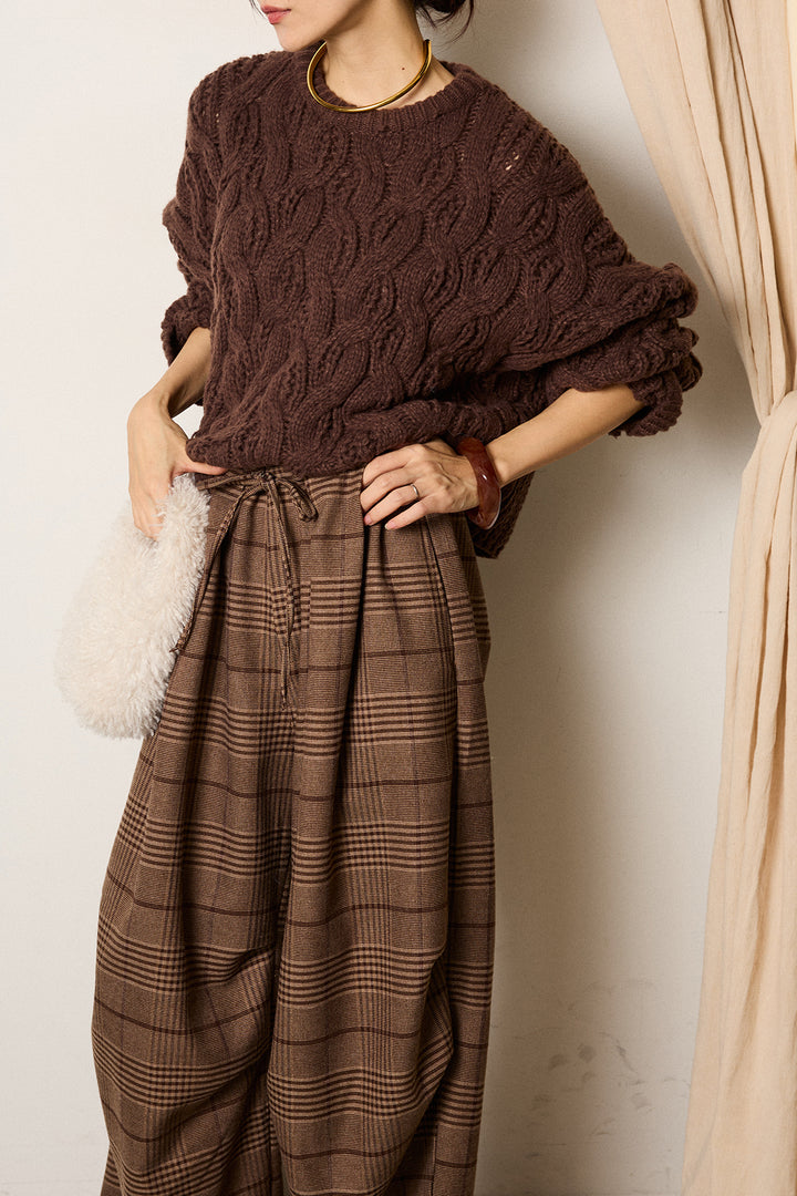 [SET]ケーブルリラックスショートニット+グレンチェックルーズタックパンツ(2set)