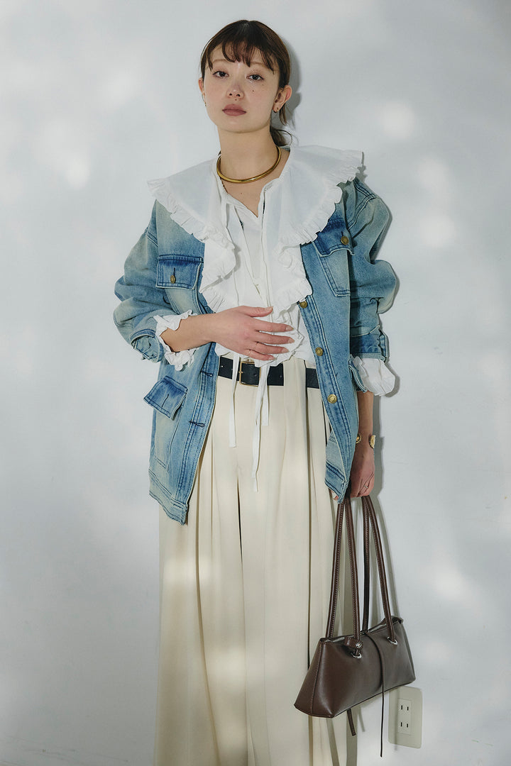[SET]ノーカラーデニムポケットジャケット+コットンフリルブラウス+ベルト付きタックデザインハイウエストロングパンツ(3set)