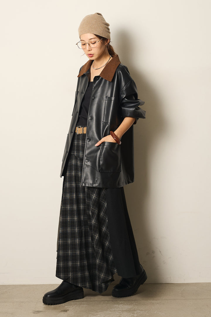 [SET]襟コーデュロイフェイクレザーカバーオール+フェイクレザーベルト付き切り替えタータンチェックスカート(2set)