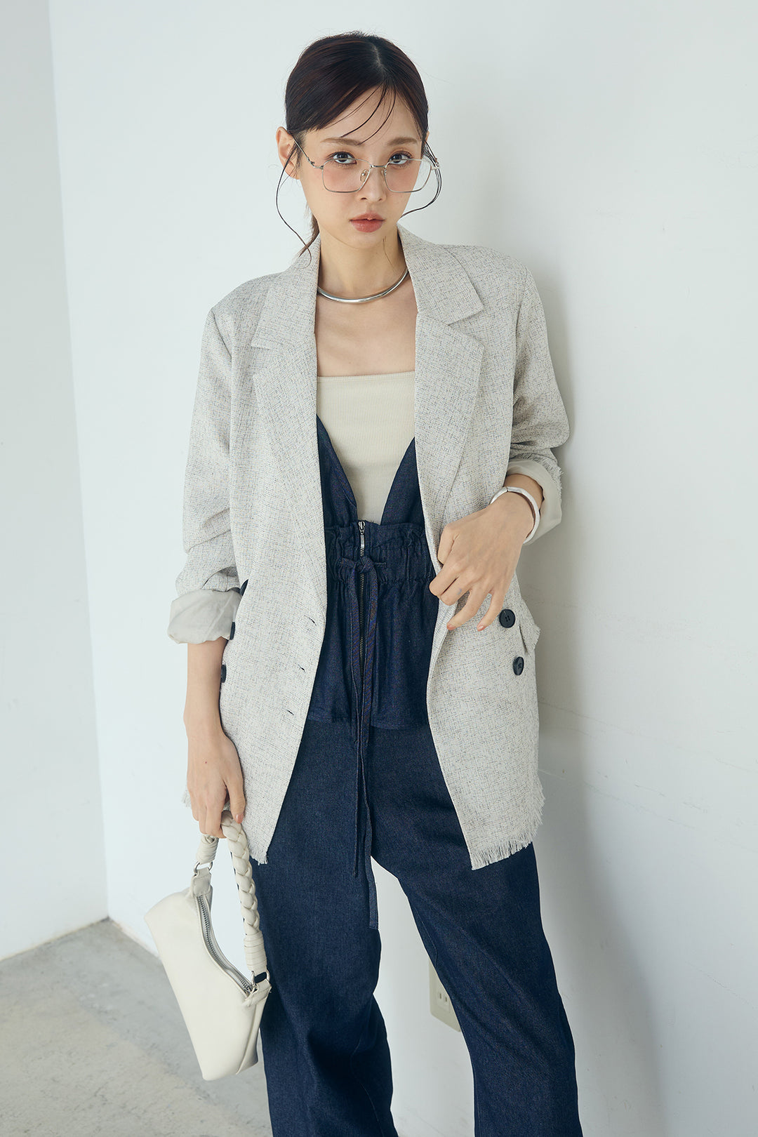 [SET]スラブネップツイードフリンジテーラードジャケット+デニムペプラムコンビネゾン(2set)