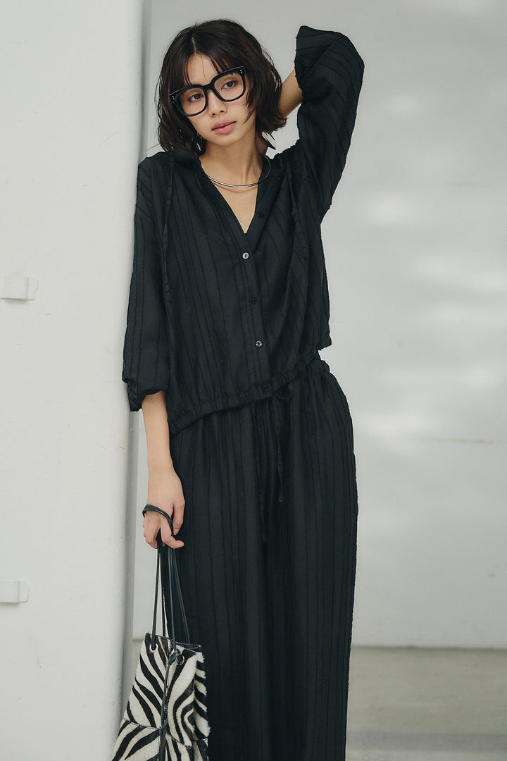 [SET]ストライプジャガードフードシャツ+ストライプジャガードロングイージーパンツ(2set)