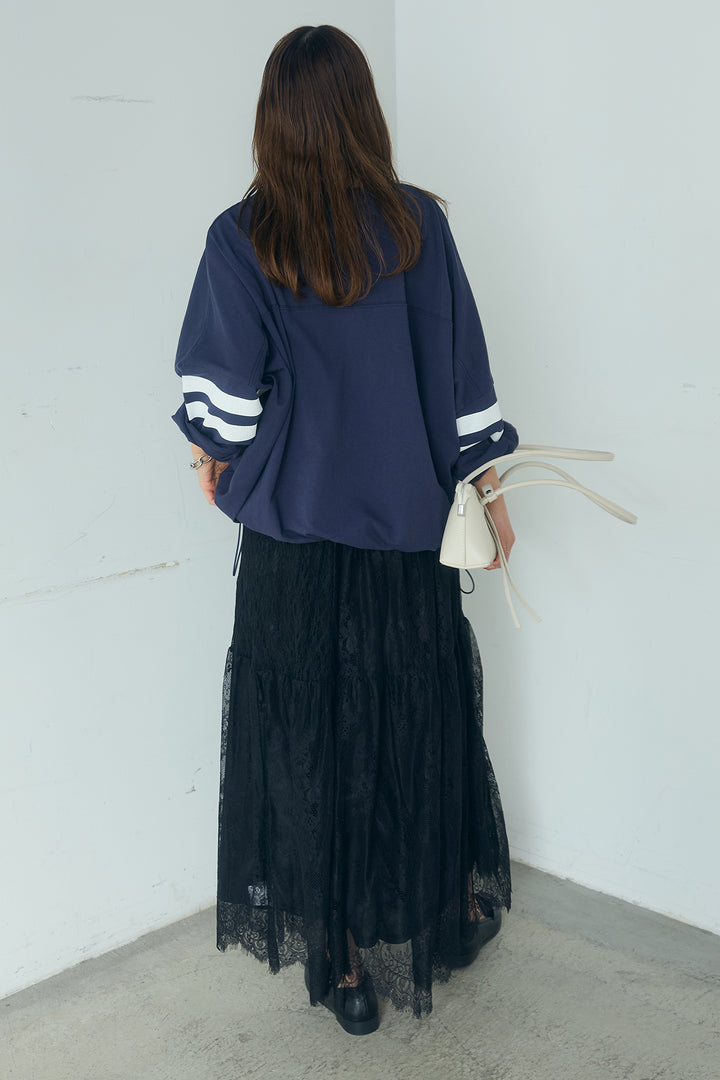[SET]裾ドロストナンバービッグTシャツ+ひげレース切替ロング丈スカート(2set)