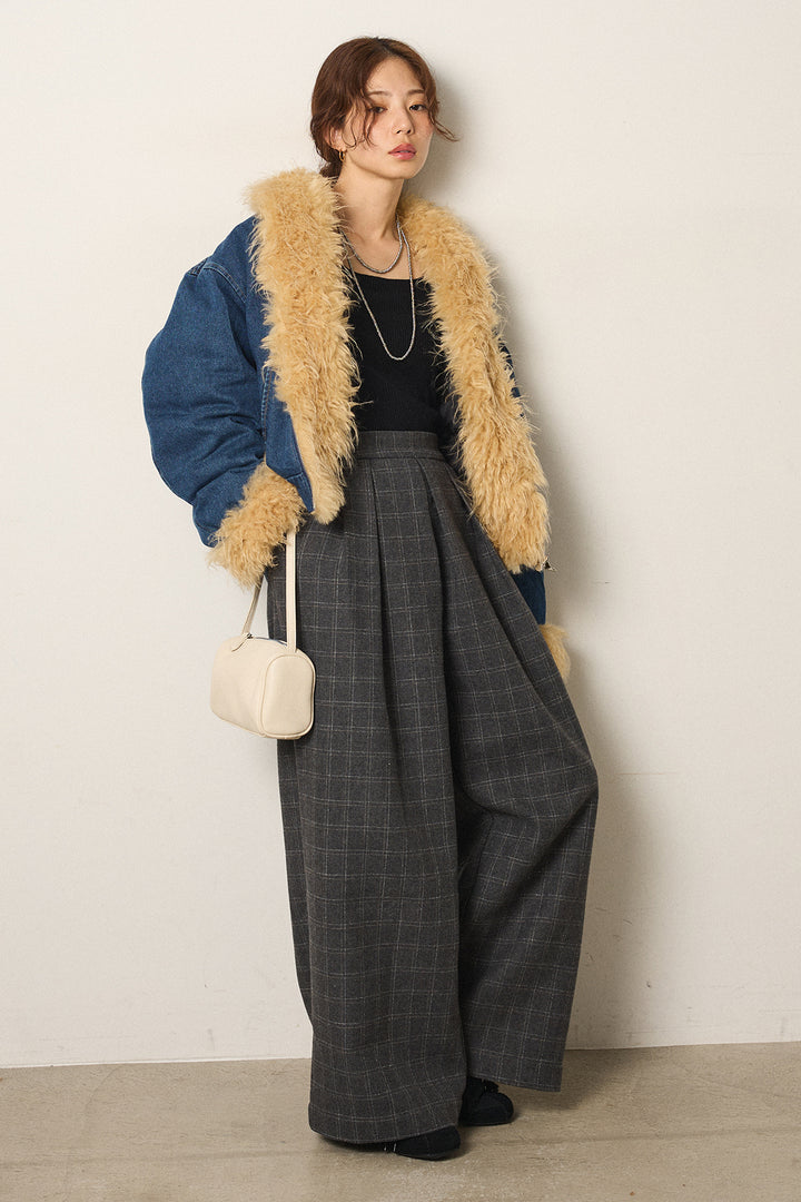 [SET]エコファーデニムボアジャケット+ウールライクチェックタックパンツ(2set)