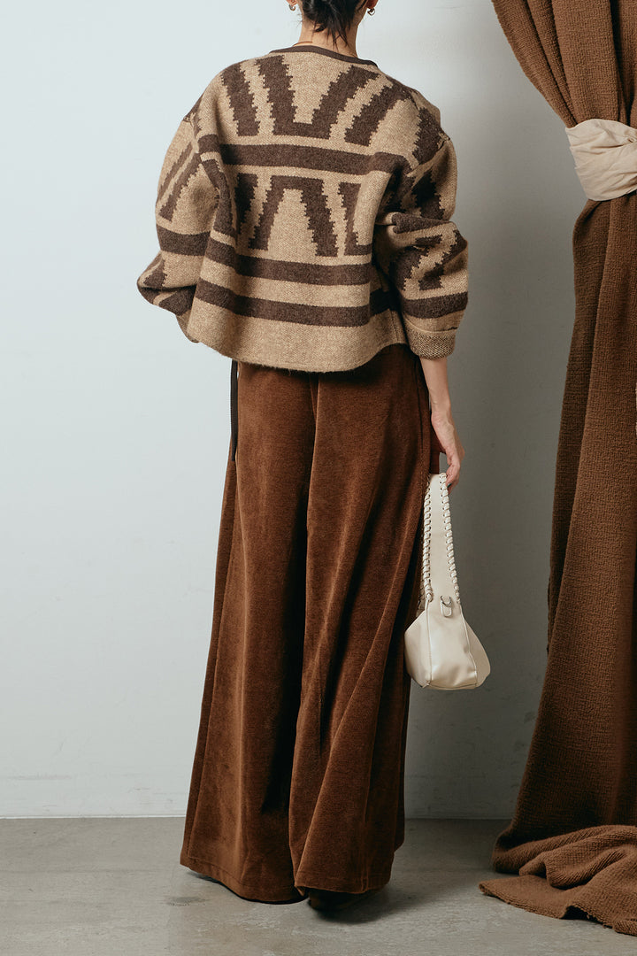 [SET]ノーカラー幾何学模様アウター+ベルトループコーデュロイワイドパンツ(2set)
