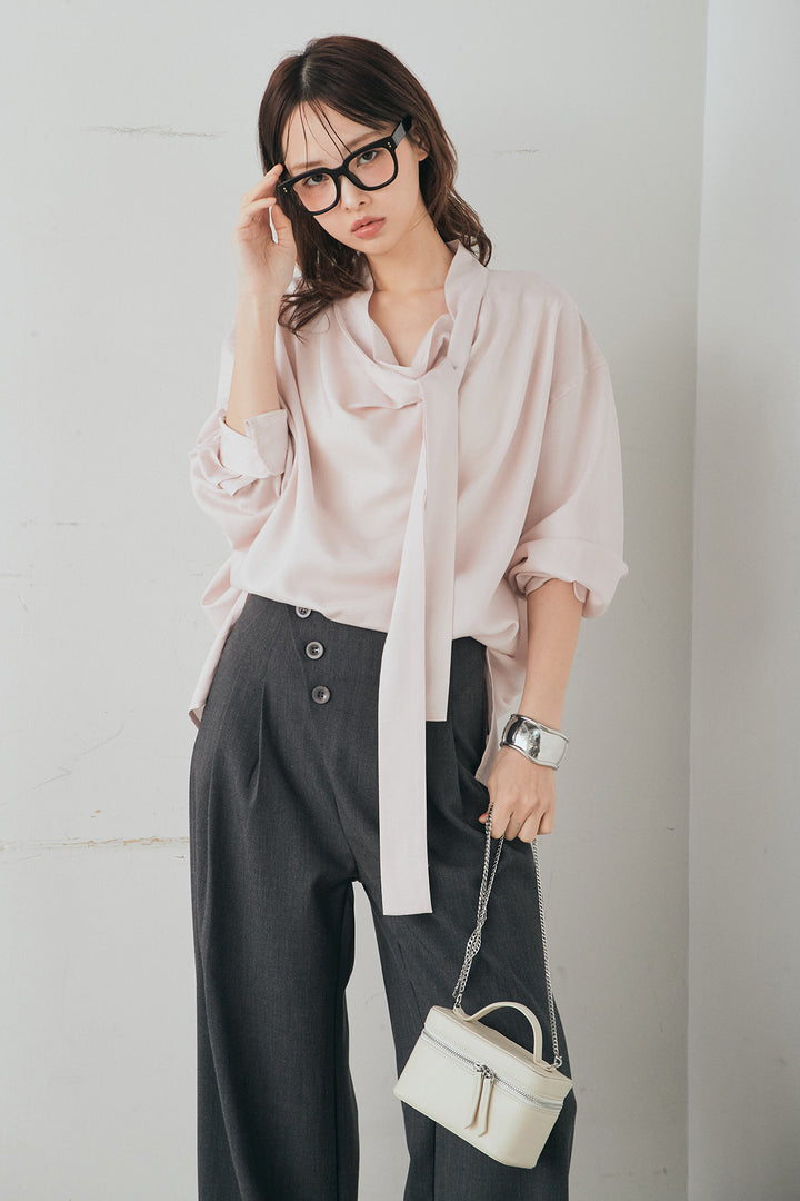 [SET]ニュアンスボータイブラウス+斜めボタンタック入りスラックス(2set)