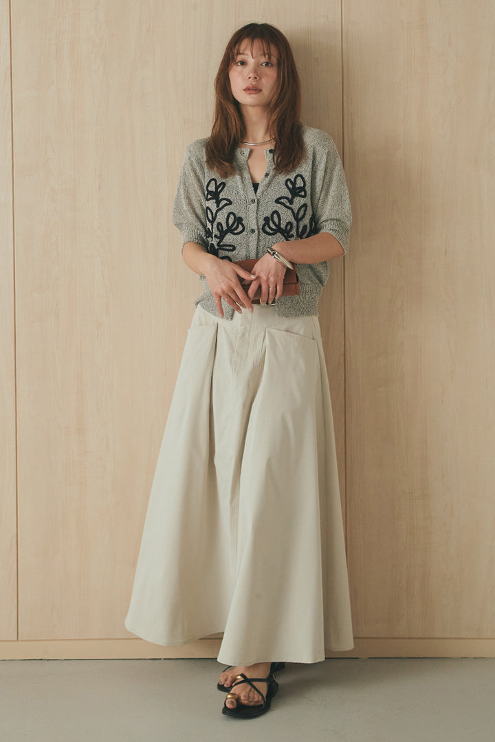 [SET]フロントテープデザイン半袖カーディガン+ミリタリーツイルタックフレアスカート(2set)