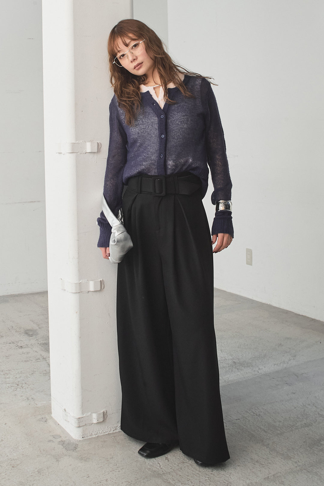 [SET]モヘア透かし編みレイヤードアンサンブルセット+ベルト付きツータックワイドパンツ(2set)