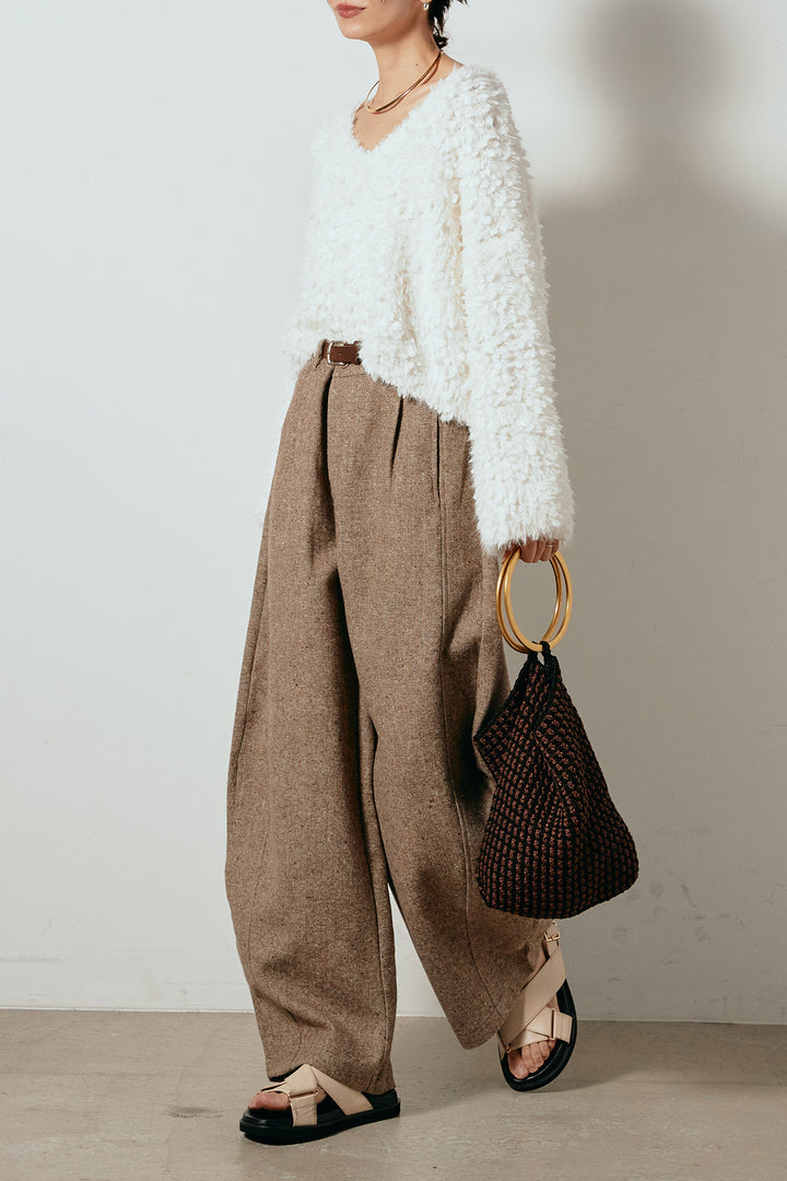 [SET]深Vネックチョウチョヤーンニットトップス+ベルト付きネップツイードカーブパンツ(2set)