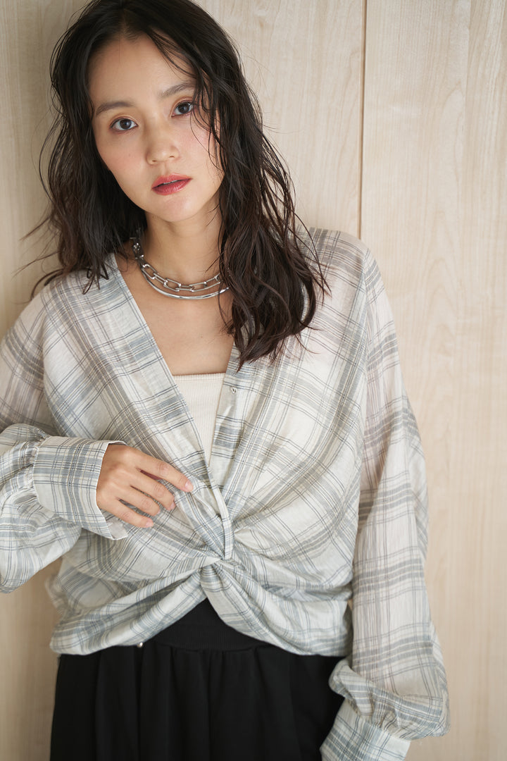 [SET]フロントツイストチェックシアーブラウス+ウエスト折り返しタックワイドスウェットパンツ(2set)