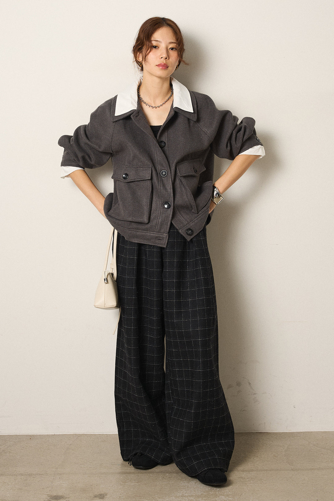 [SET]衿レイヤードフェイクウールジャケット+ウールライクチェックタックパンツ(2set)