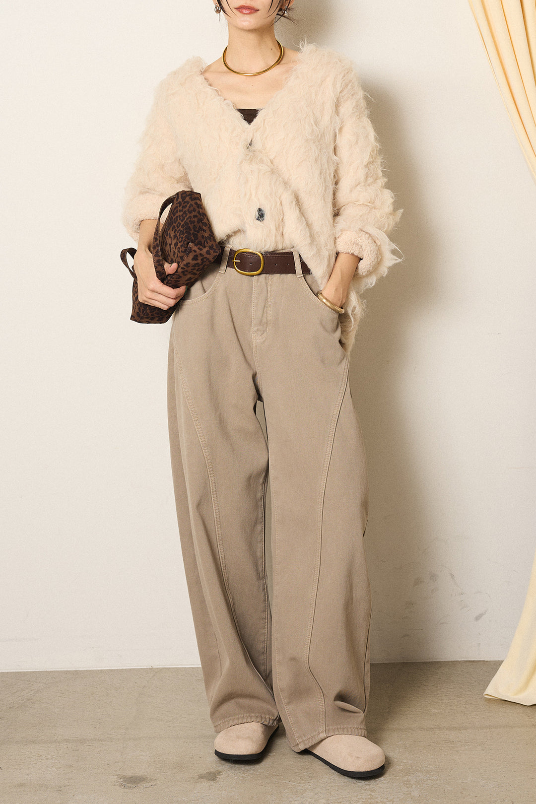 [SET]起毛シャギーニットカーディガン+ベルト付きカジュアルカーブワイドパンツ(2set)