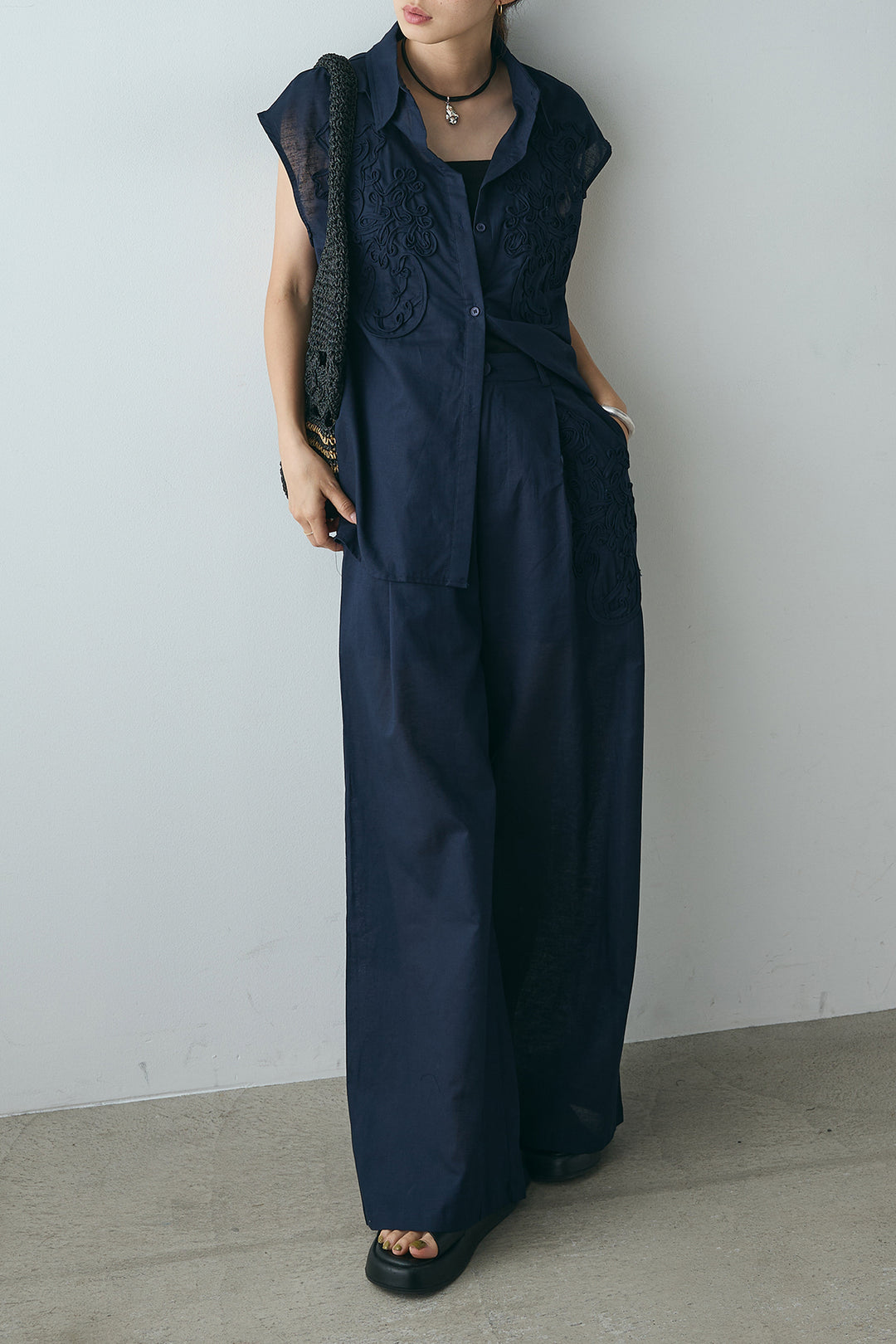 [SET]リネン混テープ刺繍シャツSETUP