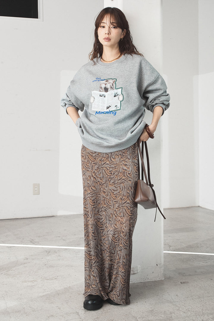 [SET]裏起毛モーニングキャットプリントスウェット+抽象柄ロングスカート(2set)