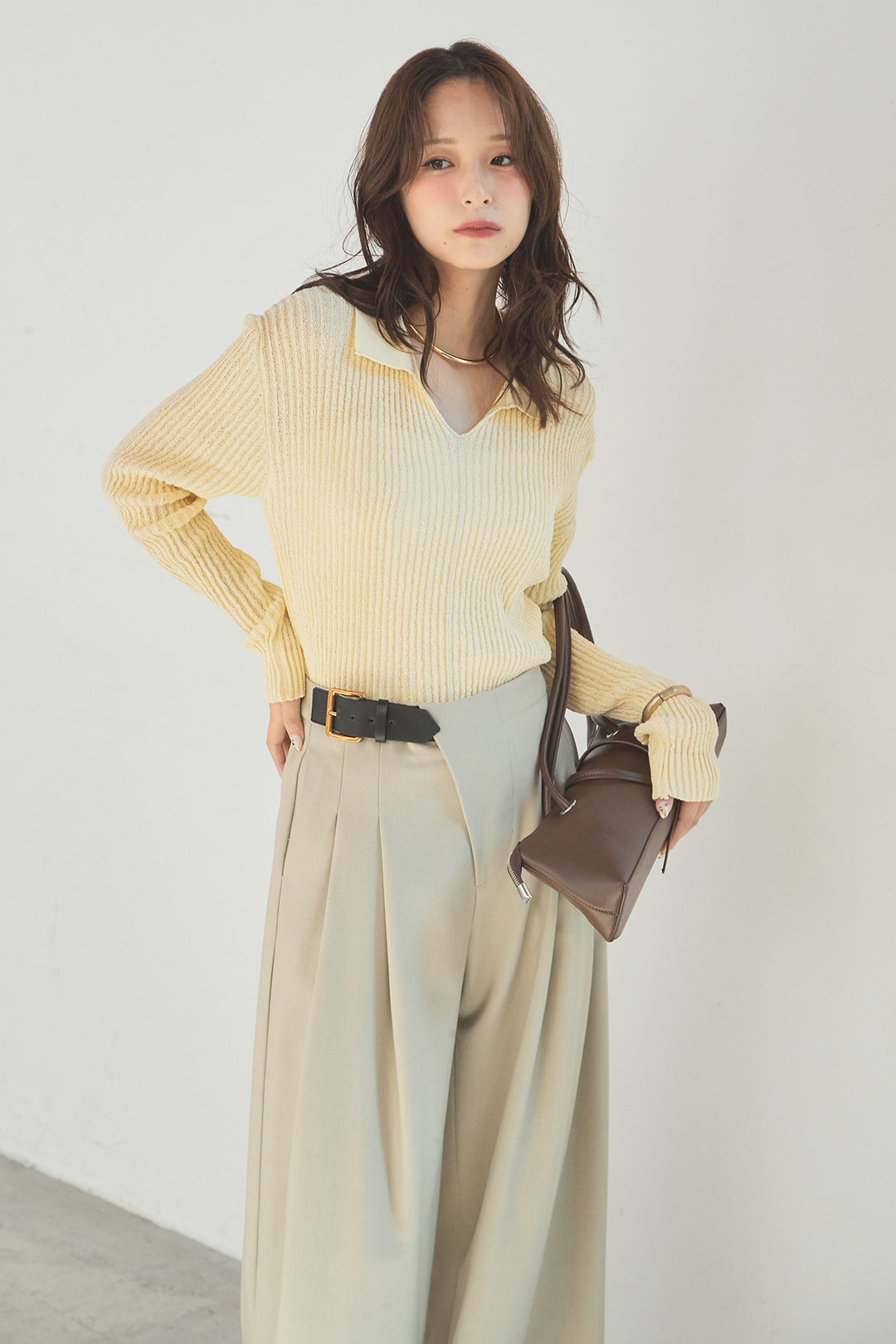 [SET]衿付きニットプルオーバー+サイドベルトタック入りスラックス(2set)