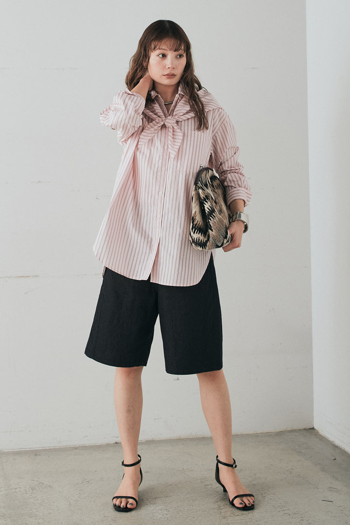 [SET]ランダムストライプスカーフ付きシャツ+デニムハーフパンツ(2set)