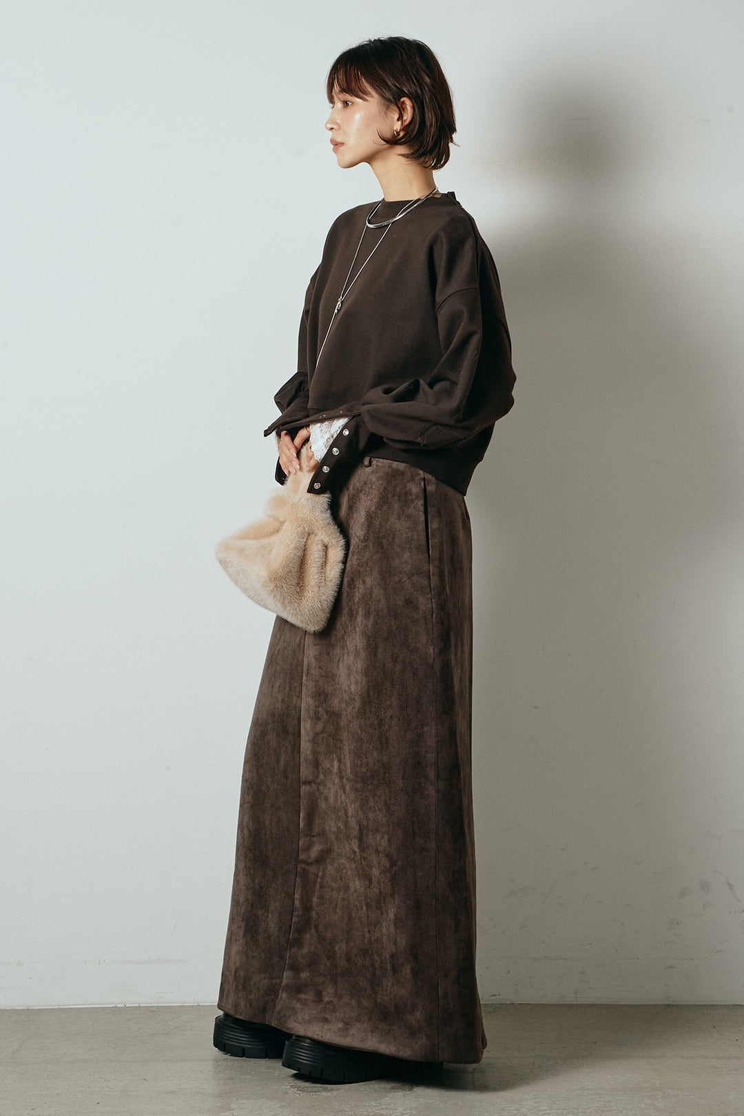 [SET]裏毛バックオープンプルオーバー+エコスウェードワイドスカート(2set)